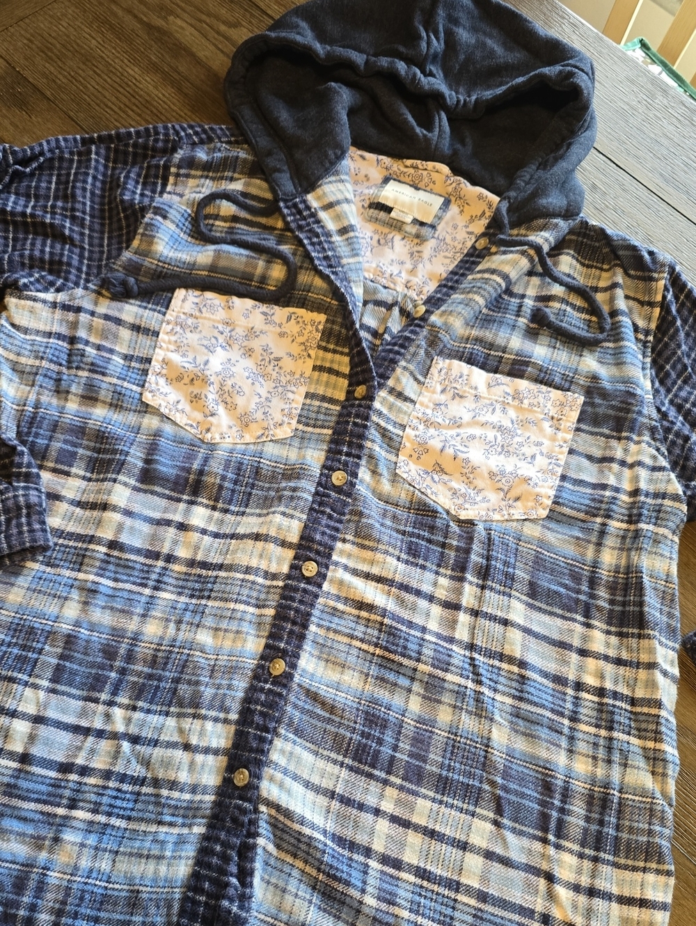 American Eagle Outfitters Blue Plaid Button-Front Hooded Shirt